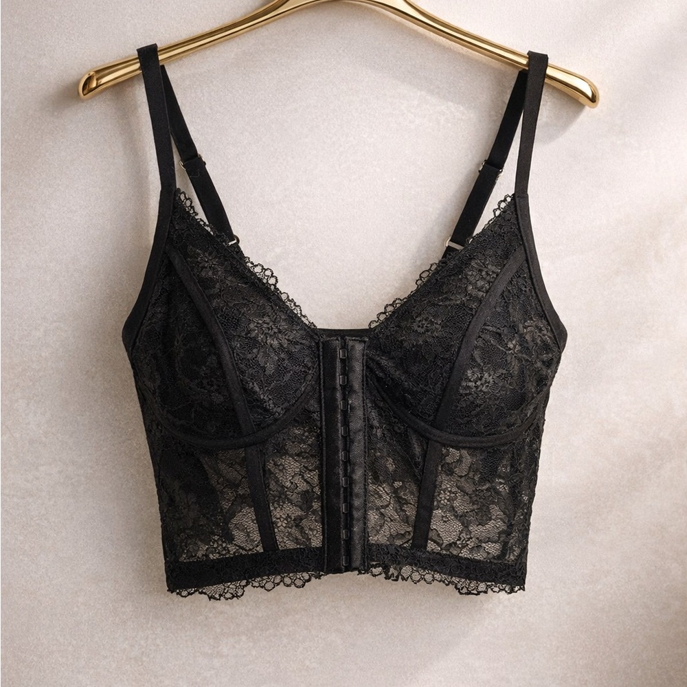 Elsie Black Lace Bustier Corset Crop Top XL Sheer Lace Bralette Sexy